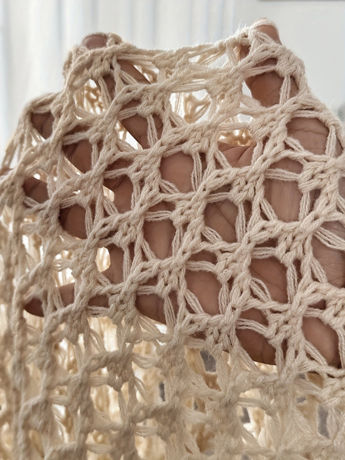 Beige Open Front Crochet Cardigan with Wide Sleeves