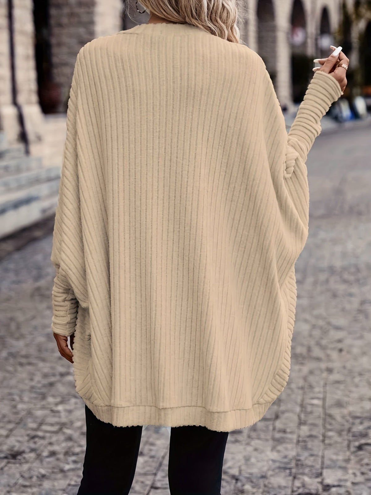 Oversized Open Front Cardigan with Wide Sleeves and Ribbed Texture
