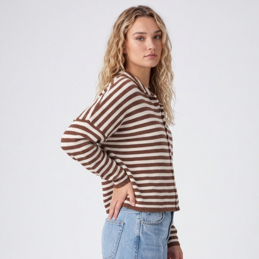 Brown Striped Relaxed Cardigan with V-Neckline and Button Front