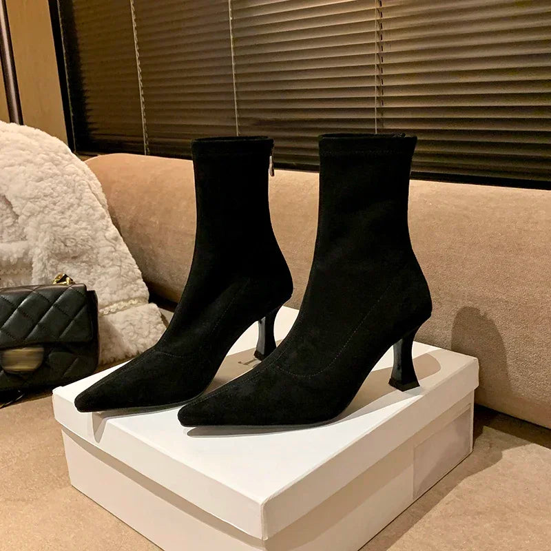 Fitted Suede Heeled Ankle Boots with Pointed Toe