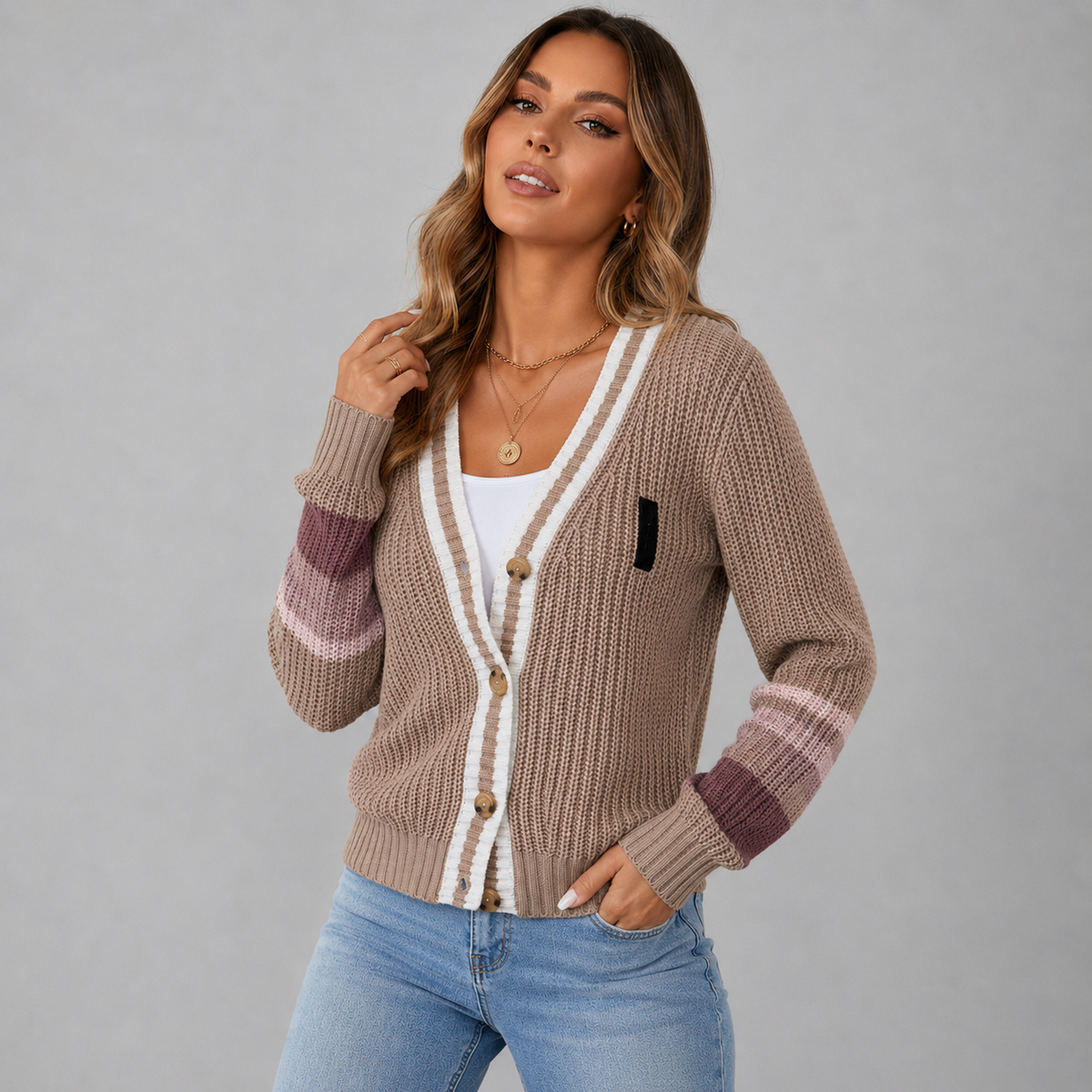 Chunky Knit Cardigan with Varsity Stripe Cuffs and V-Neckline