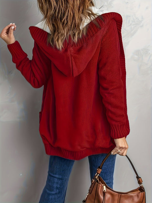 Cosy Hooded Cable Knit Cardigan with Fleece Lining