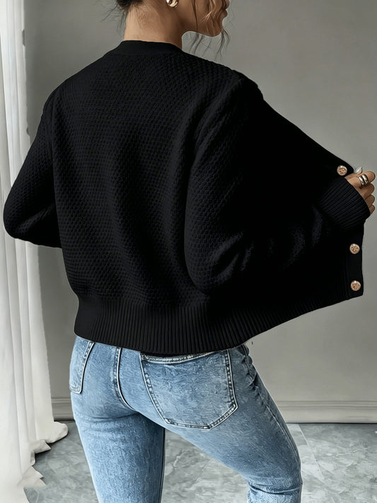 Cropped Cable Knit Cardigan with Gold Buttons