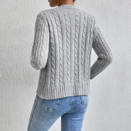 Cropped Cable Knit Cardigan with Pointelle Detail and Tortoiseshell Buttons