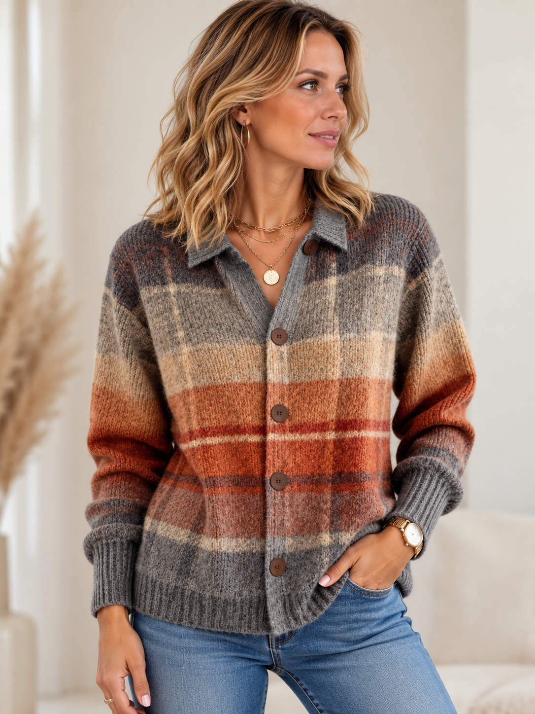 Heritage Plaid Cardigan with Collar and Wooden Buttons
