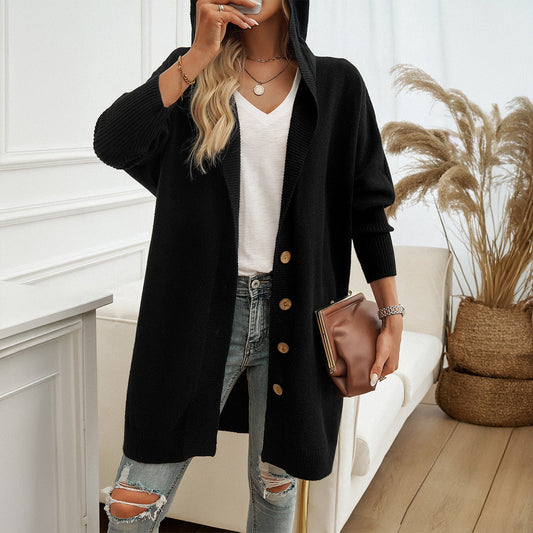 Long Hooded Knit Cardigan with Wooden Buttons and Ribbed Cuffs