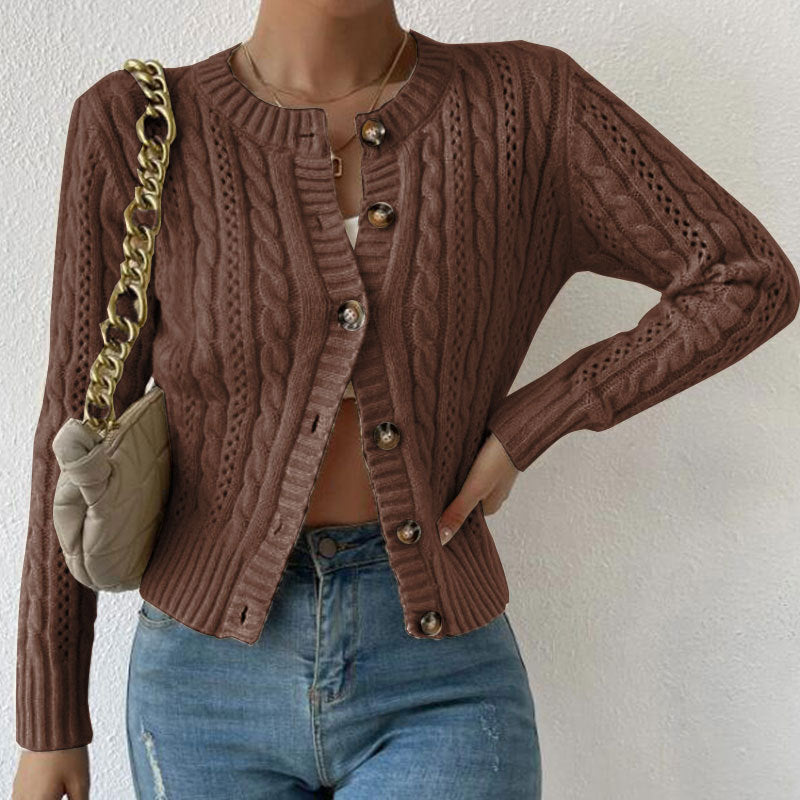 Cropped Cable Knit Cardigan with Tortoiseshell Buttons