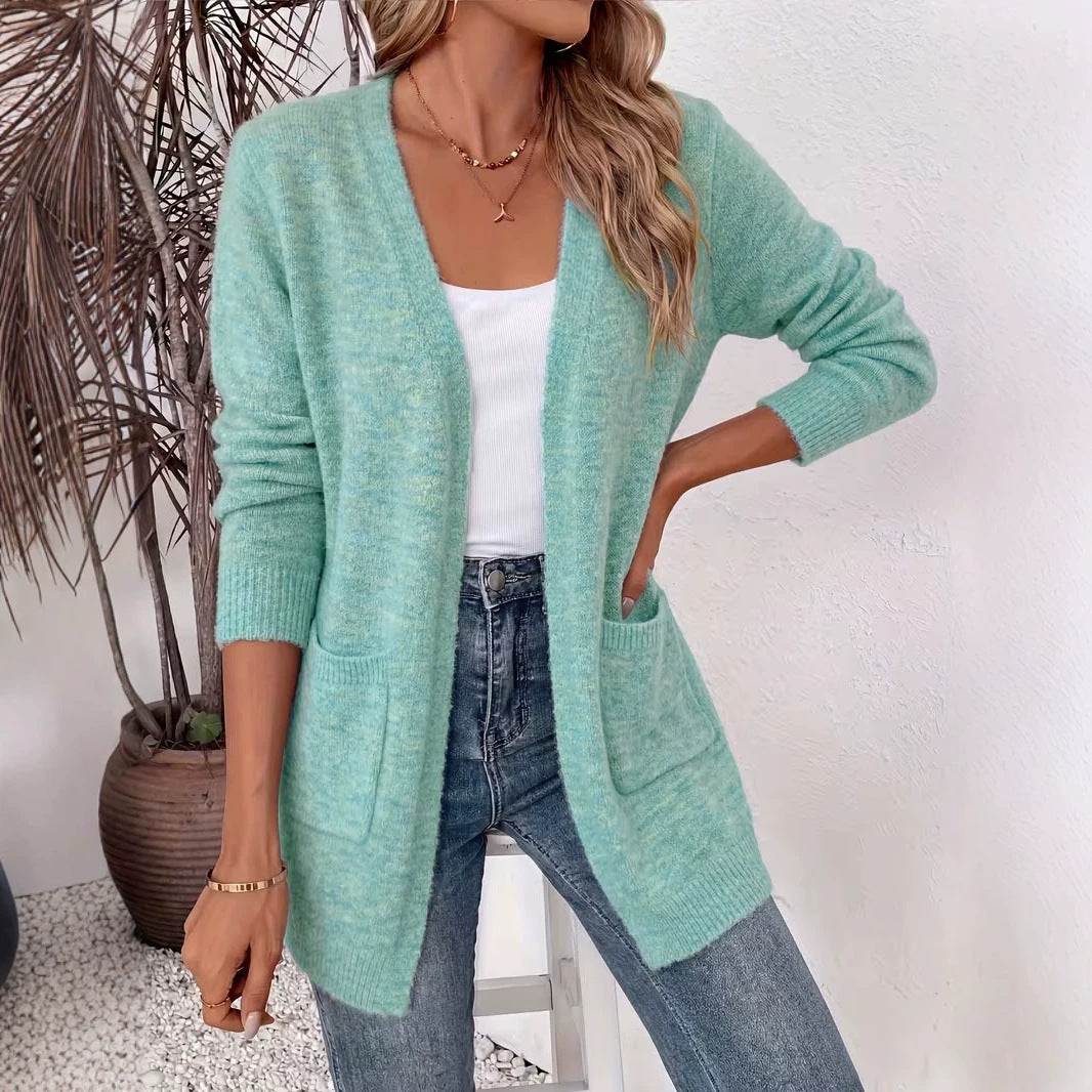 Open Front Knit Cardigan with Front Pockets and Ribbed Cuffs