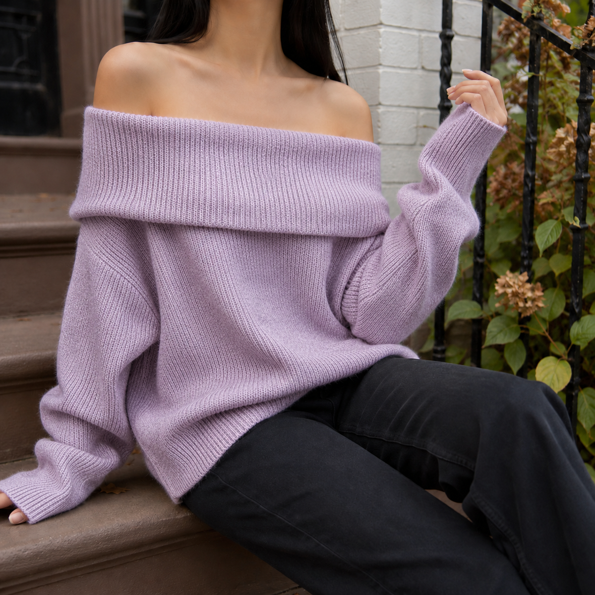 Oversized Off Shoulder Sweater with Fold-Over Neckline