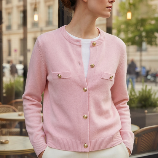 Refined Knit Cardigan with Gold Buttons and Chest Pockets