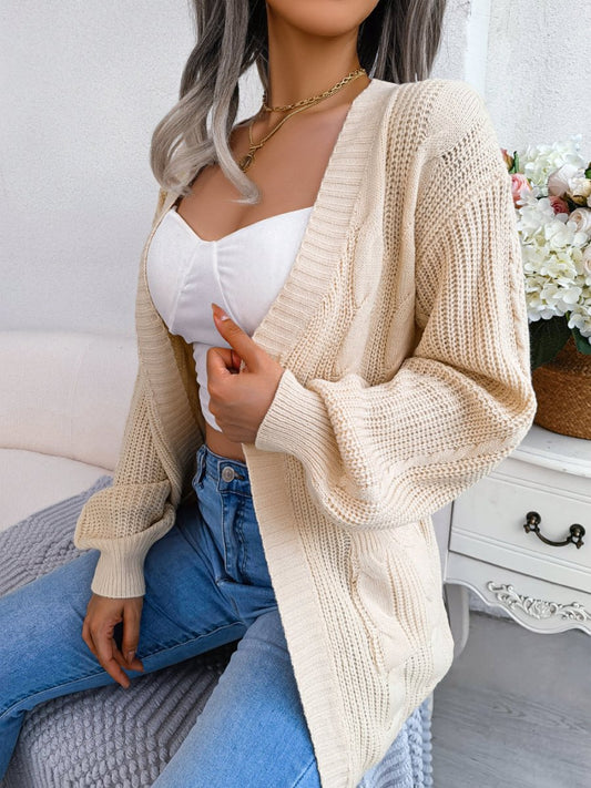Relaxed Cable Knit Cardigan with Pockets and Open Front