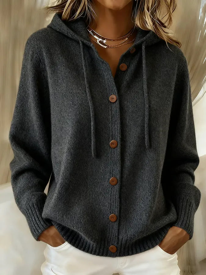 Relaxed Hooded Knit Cardigan with Drawstring Hood