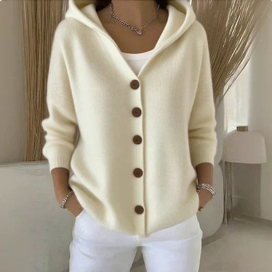 Relaxed Hooded Knit Cardigan with Warm-Tone Buttons