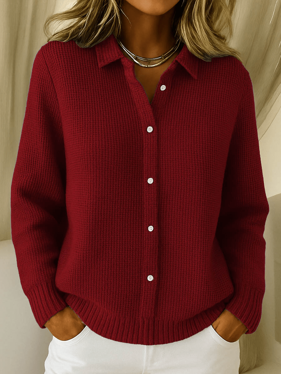 Relaxed Knit Cardigan with Pointed Collar and Waffle Texture