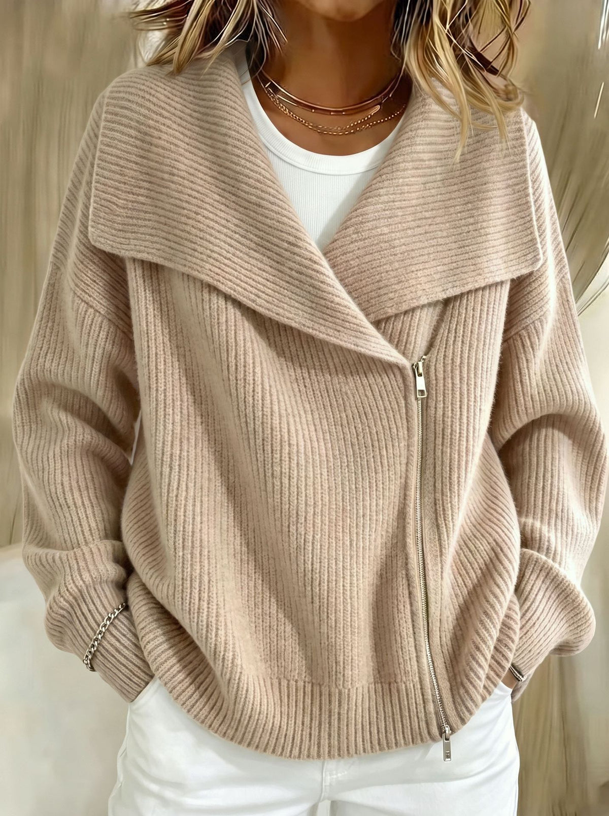Relaxed Zip-Up Knit Cardigan with Wide Collar