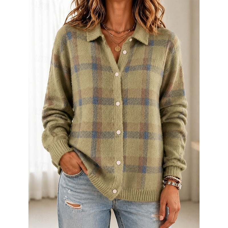Retro Plaid Knit Cardigan with Collar and Long Sleeves