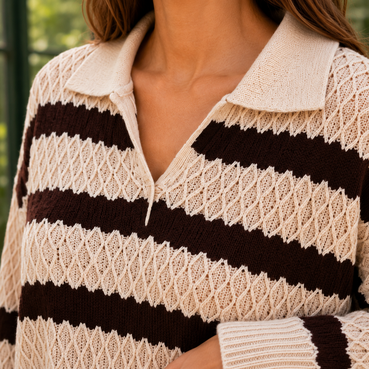 Retro Striped Open Collar Sweater with Diamond Knit Texture