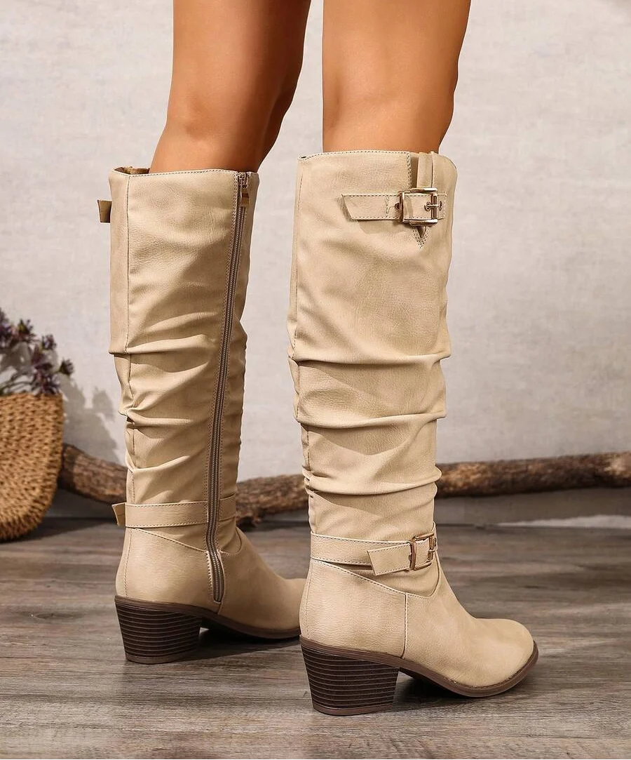 Slouched Leather Knee High Boots with Gold Buckle Straps