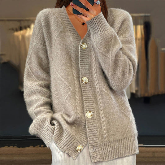 Soft Knit Cardigan with Cable Pattern and V-Neckline