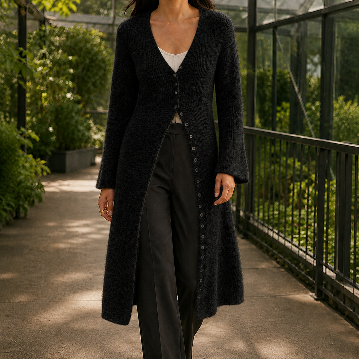 Soft Fluffy Longline Cardigan with V-Neckline and Flared Hem