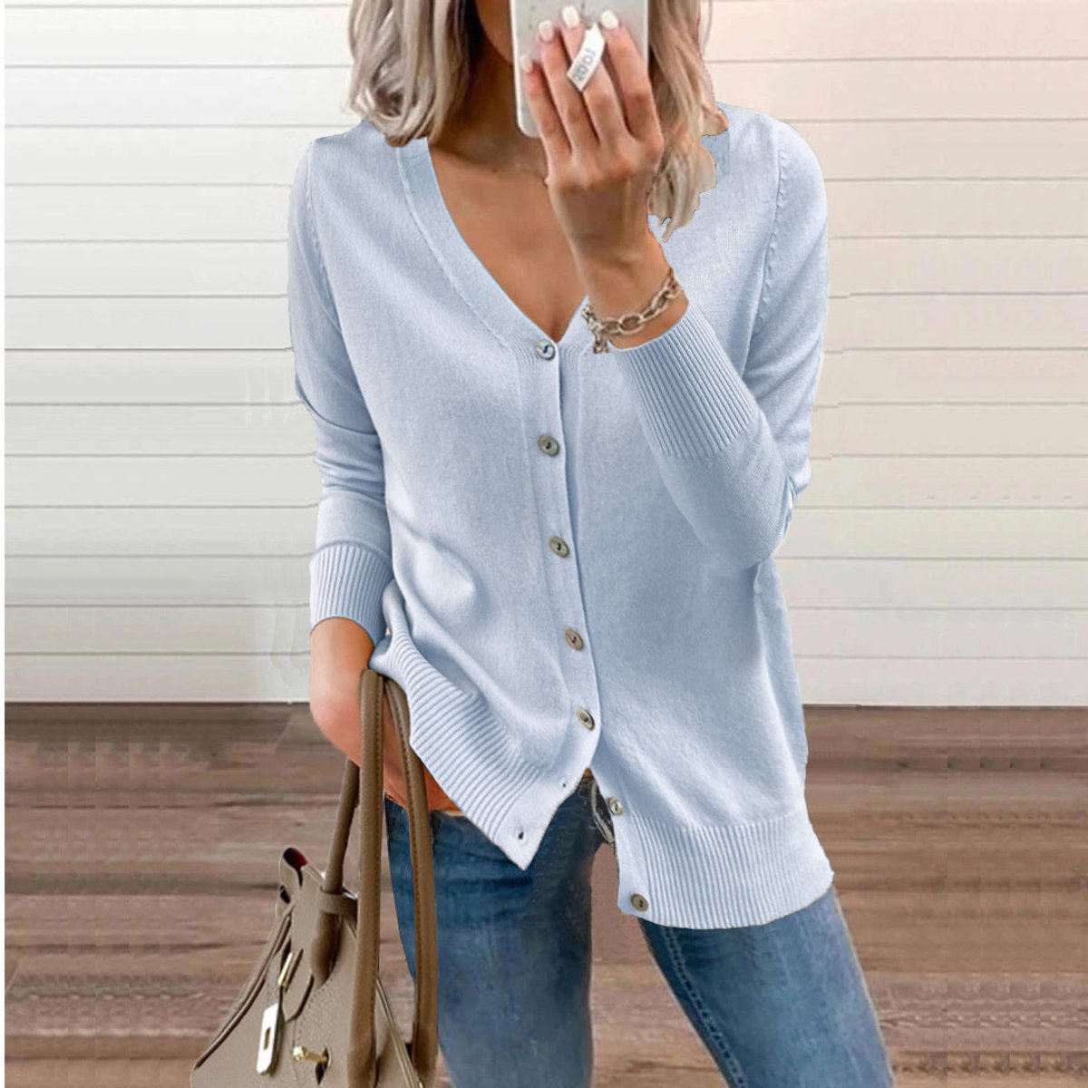 Soft Knit Cardigan with V-Neckline and Ribbed Cuffs