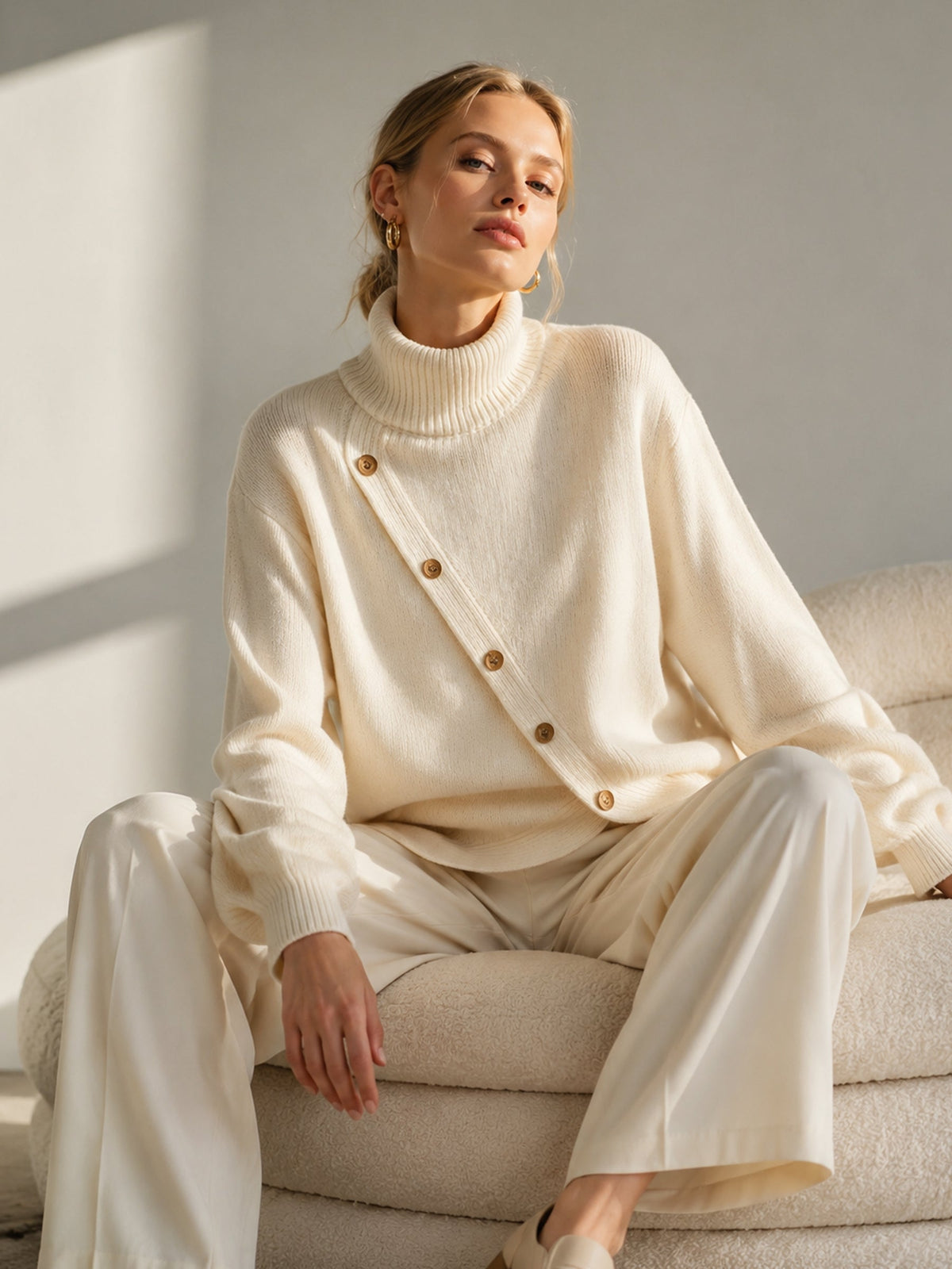 White Oversized Turtleneck Sweater with Diagonal Button Detail