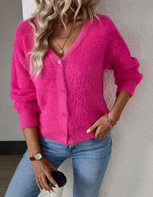 Soft Fluffy Knit Cardigan with V-Neckline
