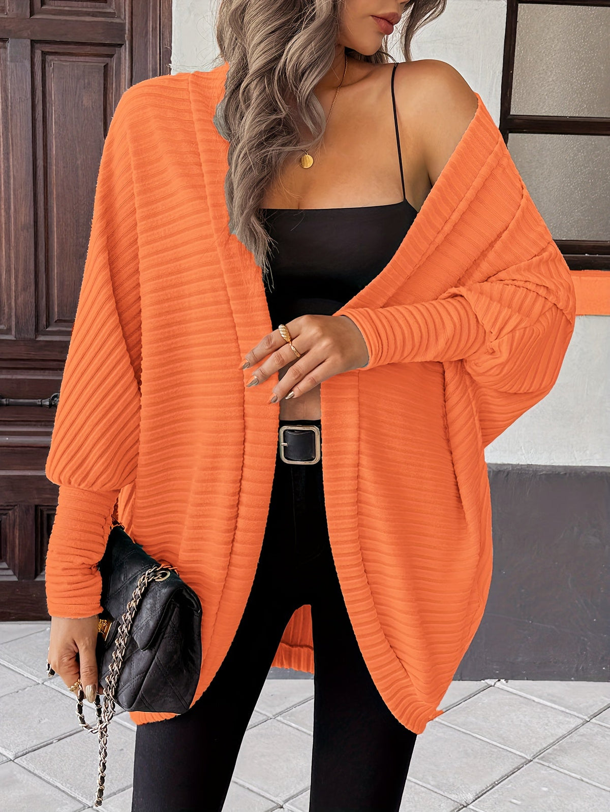Oversized Open Front Cardigan with Wide Sleeves and Ribbed Texture