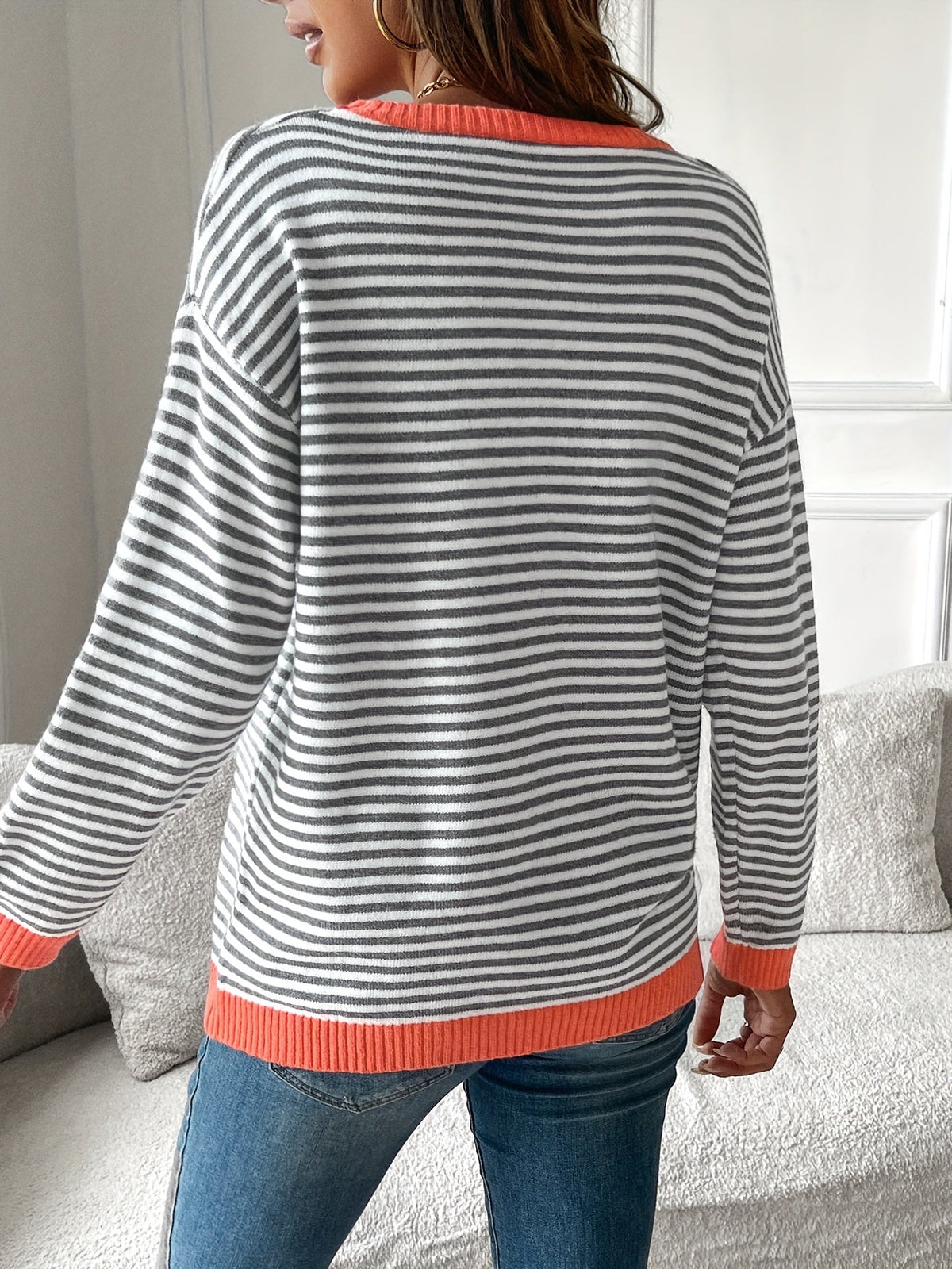 Striped Sweater with Coral Ribbed Trim and Crew Neck