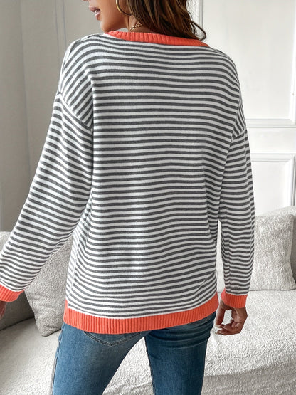 Striped Sweater with Coral Ribbed Trim and Crew Neck