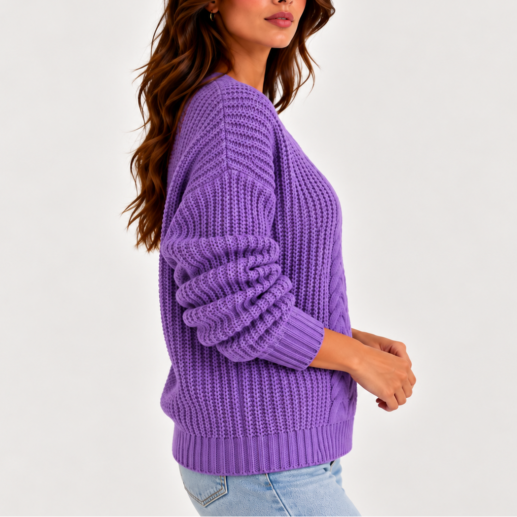 Chunky Cable Knit Sweater with V-Neckline and Puff Sleeves