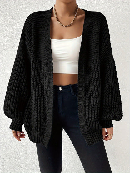 Black Oversized Chunky Knit Open Front Cardigan with Puff Sleeves