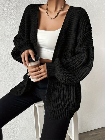 Black Oversized Chunky Knit Open Front Cardigan with Puff Sleeves
