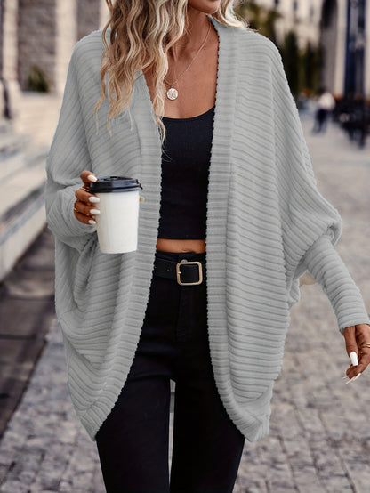 Oversized Open Front Cardigan with Wide Sleeves and Ribbed Texture