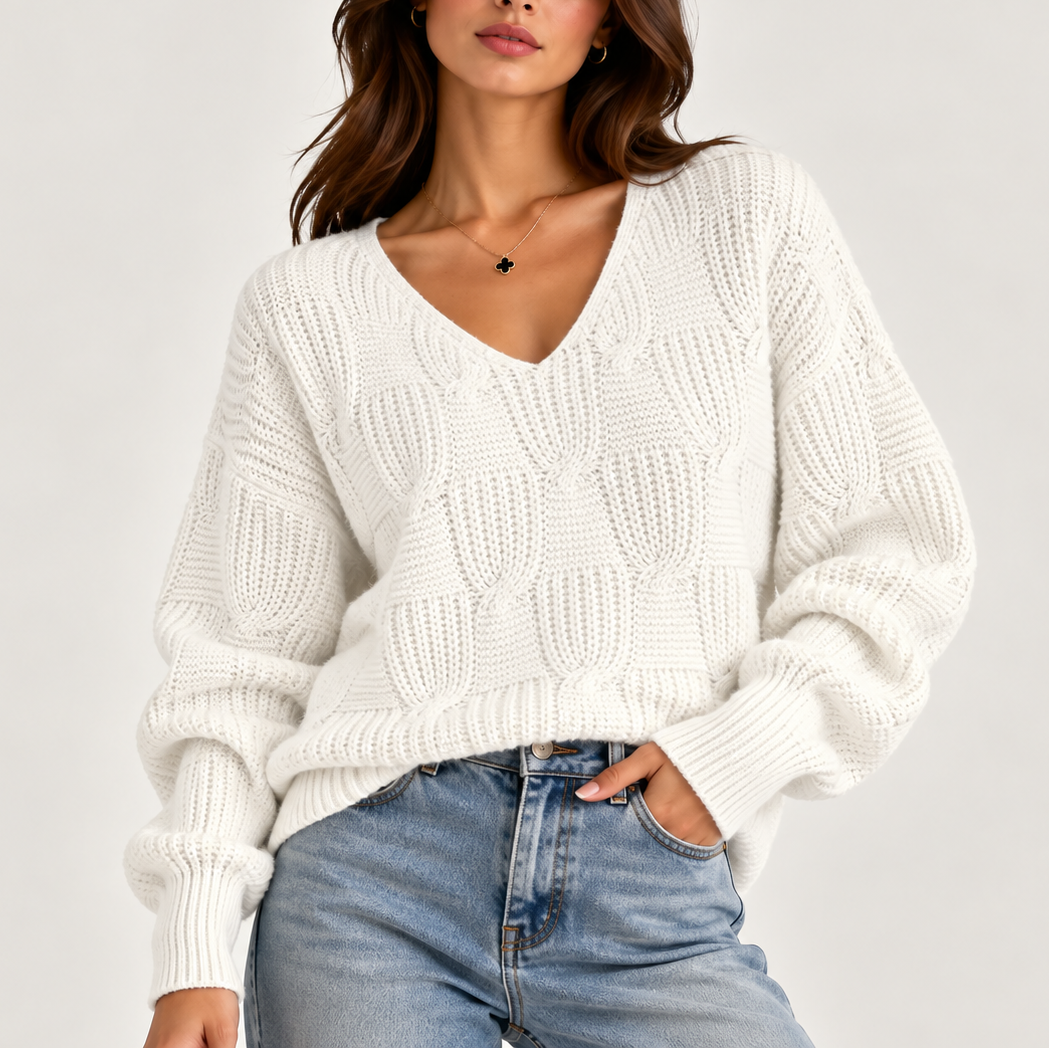 Chunky Cable Knit V-Neck Sweater with Balloon Sleeves