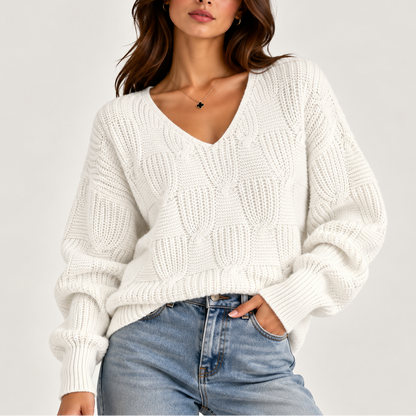Chunky Cable Knit V-Neck Sweater with Balloon Sleeves