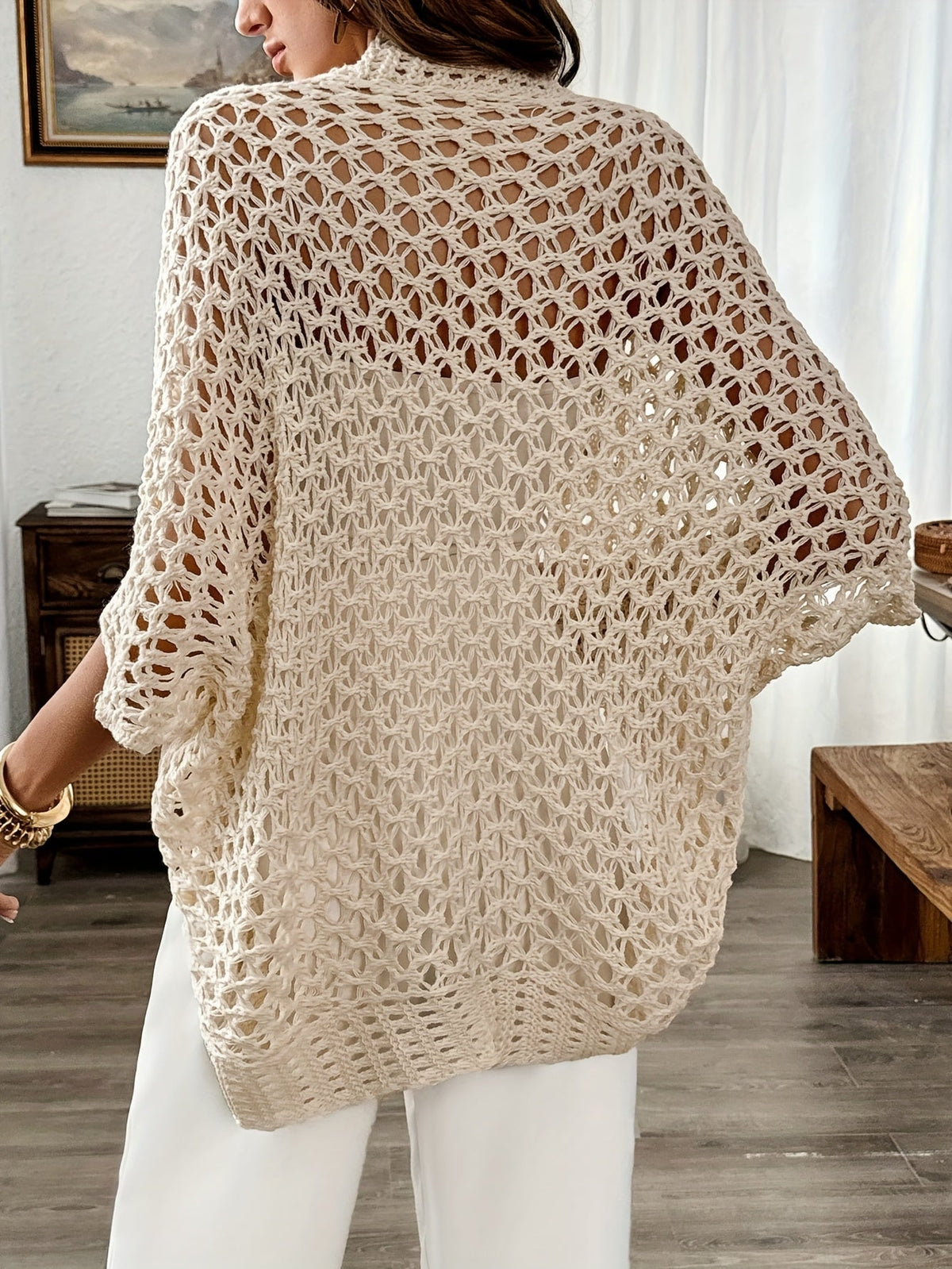 Beige Open Front Crochet Cardigan with Wide Sleeves