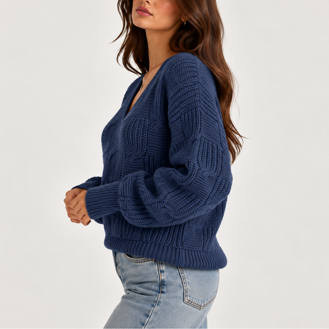 Chunky Cable Knit V-Neck Sweater with Balloon Sleeves