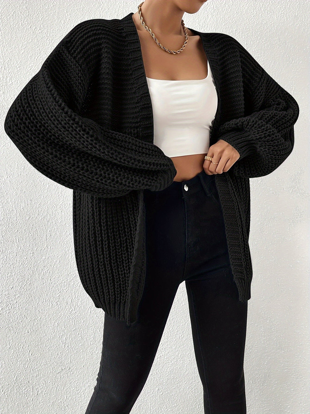 Black Oversized Chunky Knit Open Front Cardigan with Puff Sleeves
