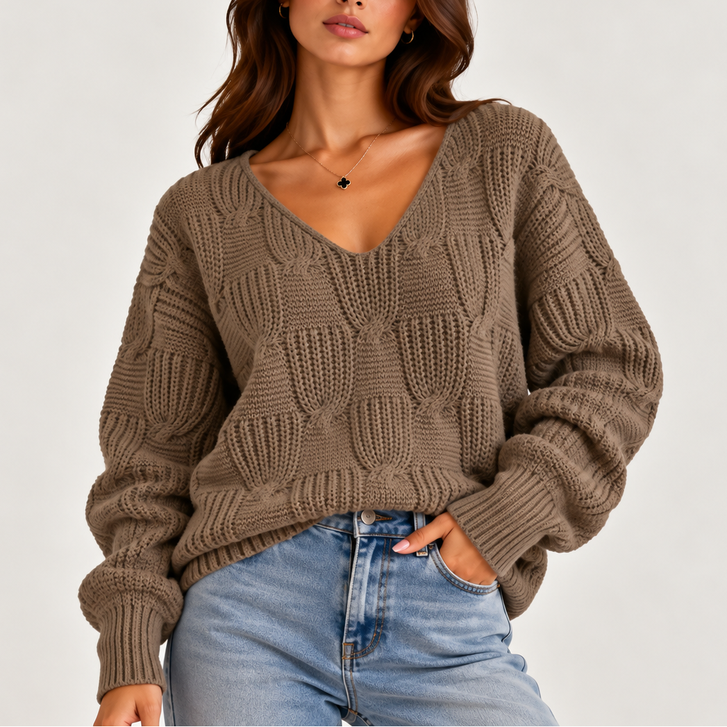 Chunky Cable Knit V-Neck Sweater with Balloon Sleeves