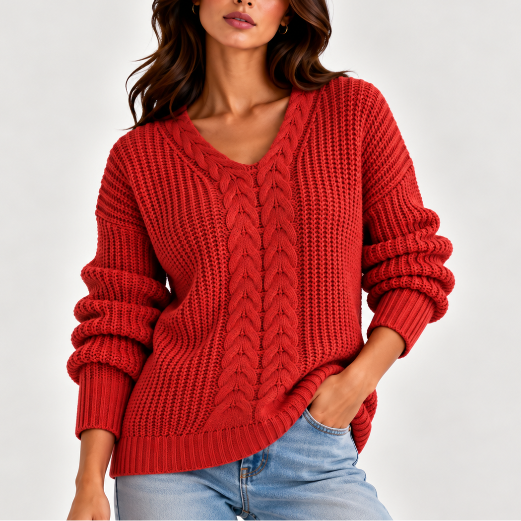 Chunky Cable Knit Sweater with V-Neckline and Puff Sleeves