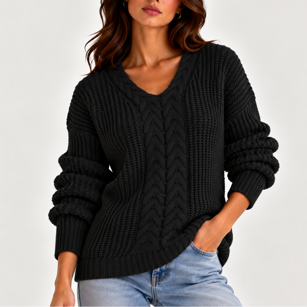 Chunky Cable Knit Sweater with V-Neckline and Puff Sleeves