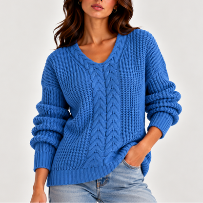 Chunky Cable Knit Sweater with V-Neckline and Puff Sleeves