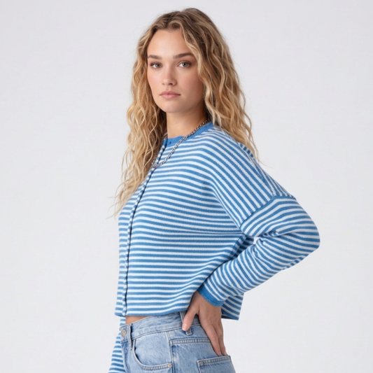 Blue Striped Cropped Cardigan with Button Front and Round Neck
