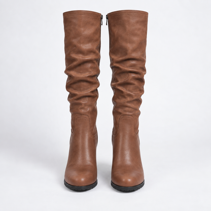 Brown Leather Knee High Boots with Slouch Shaft and Block Heel