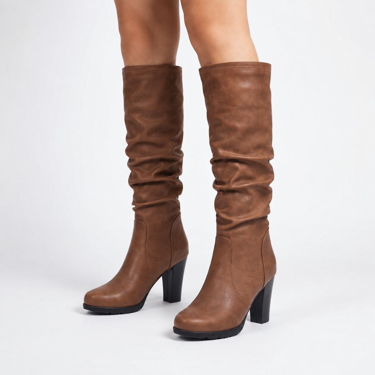 Brown Leather Knee High Boots with Slouch Shaft and Block Heel