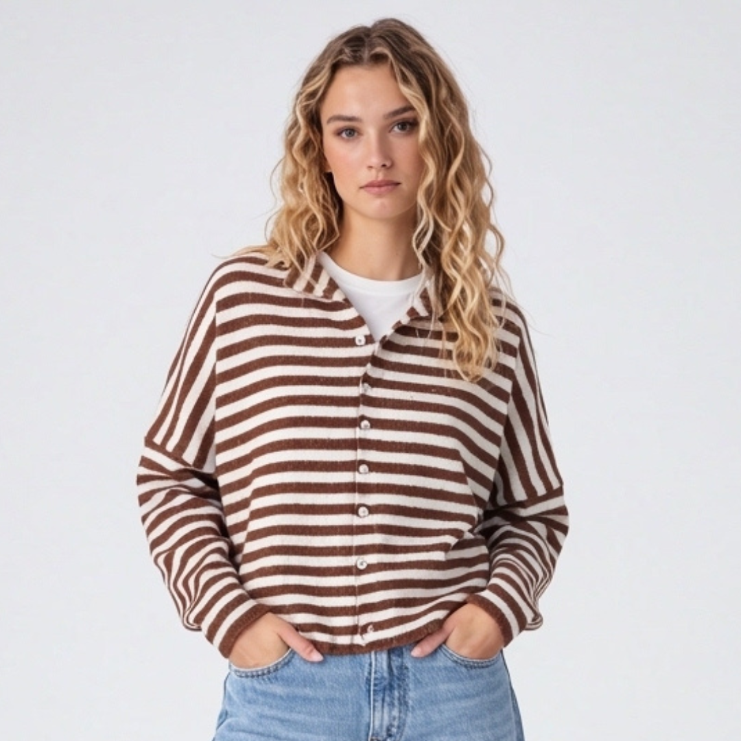 Brown Striped Relaxed Cardigan with V-Neckline and Button Front