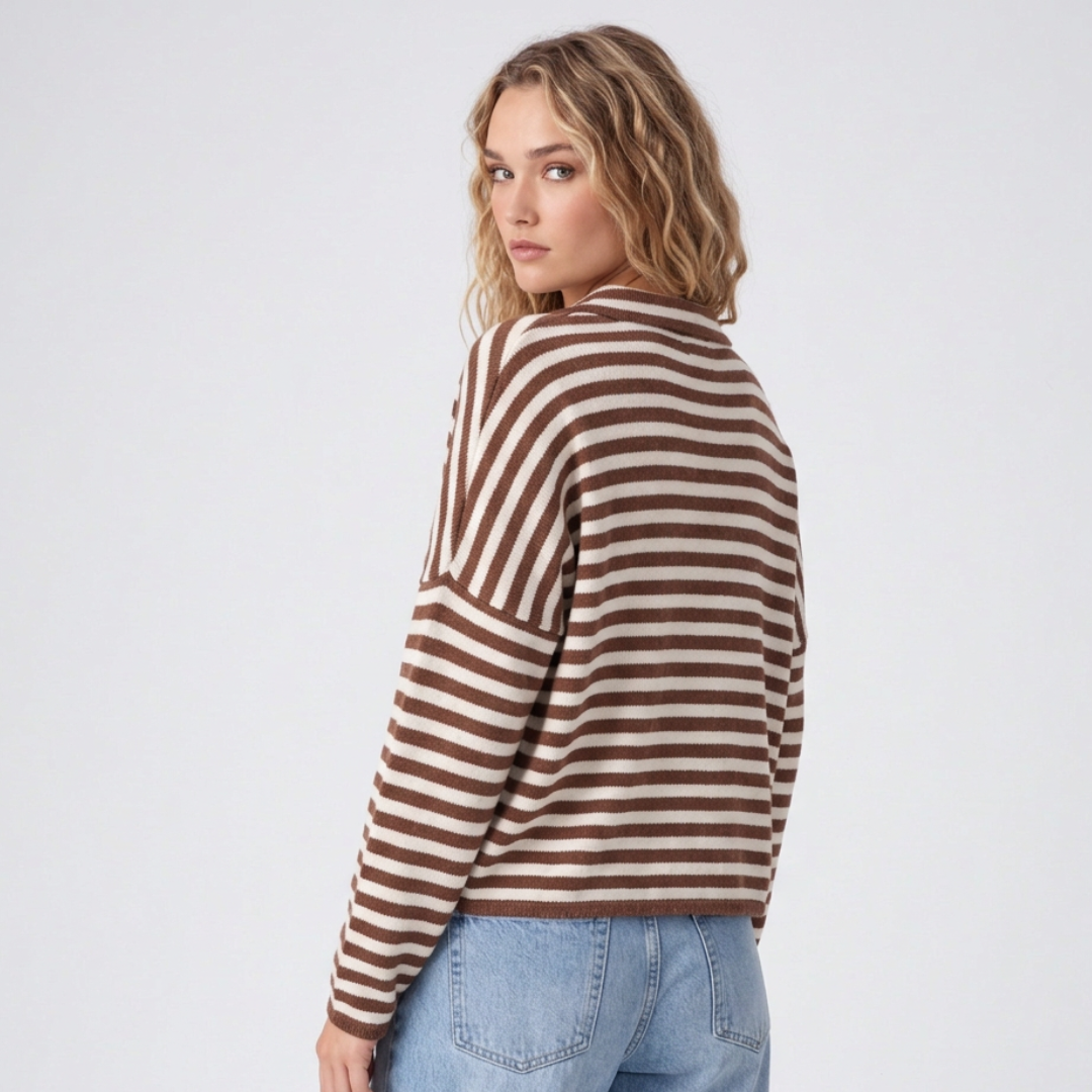 Brown Striped Relaxed Cardigan with V-Neckline and Button Front