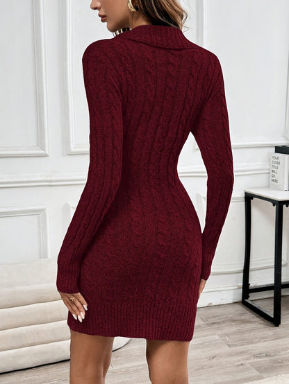Chique Cable Knit Mini Dress with Fold-Over Collar and Gold Buttons