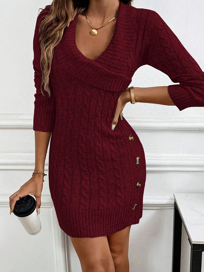 Chique Cable Knit Mini Dress with Fold-Over Collar and Gold Buttons